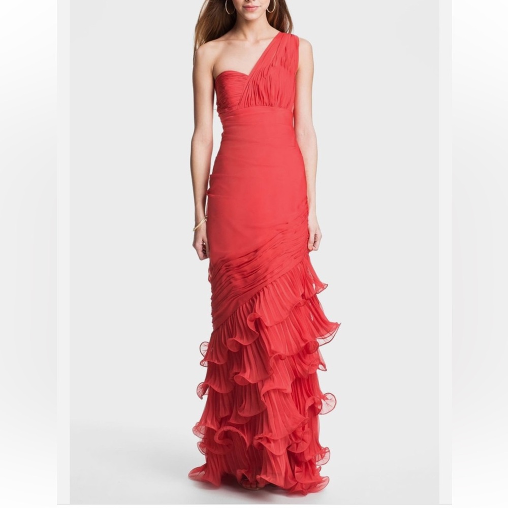One-Shoulder Coral Ruffle Gown